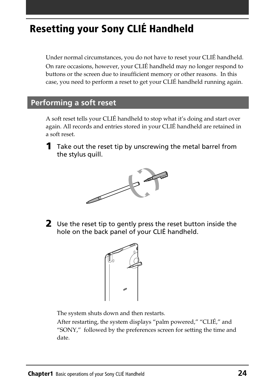 Resetting your sony clié handheld, Performing a soft reset | Sony PEG-T415G User Manual | Page 24 / 220
