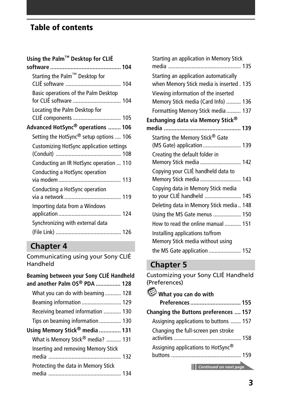3table of contents, Chapter 4, Chapter 5 | Sony PEG-T415G User Manual | Page 3 / 220