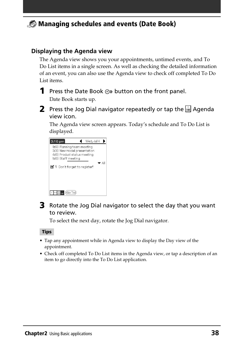 38 managing schedules and events (date book) | Sony PEG-T415G User Manual | Page 38 / 220