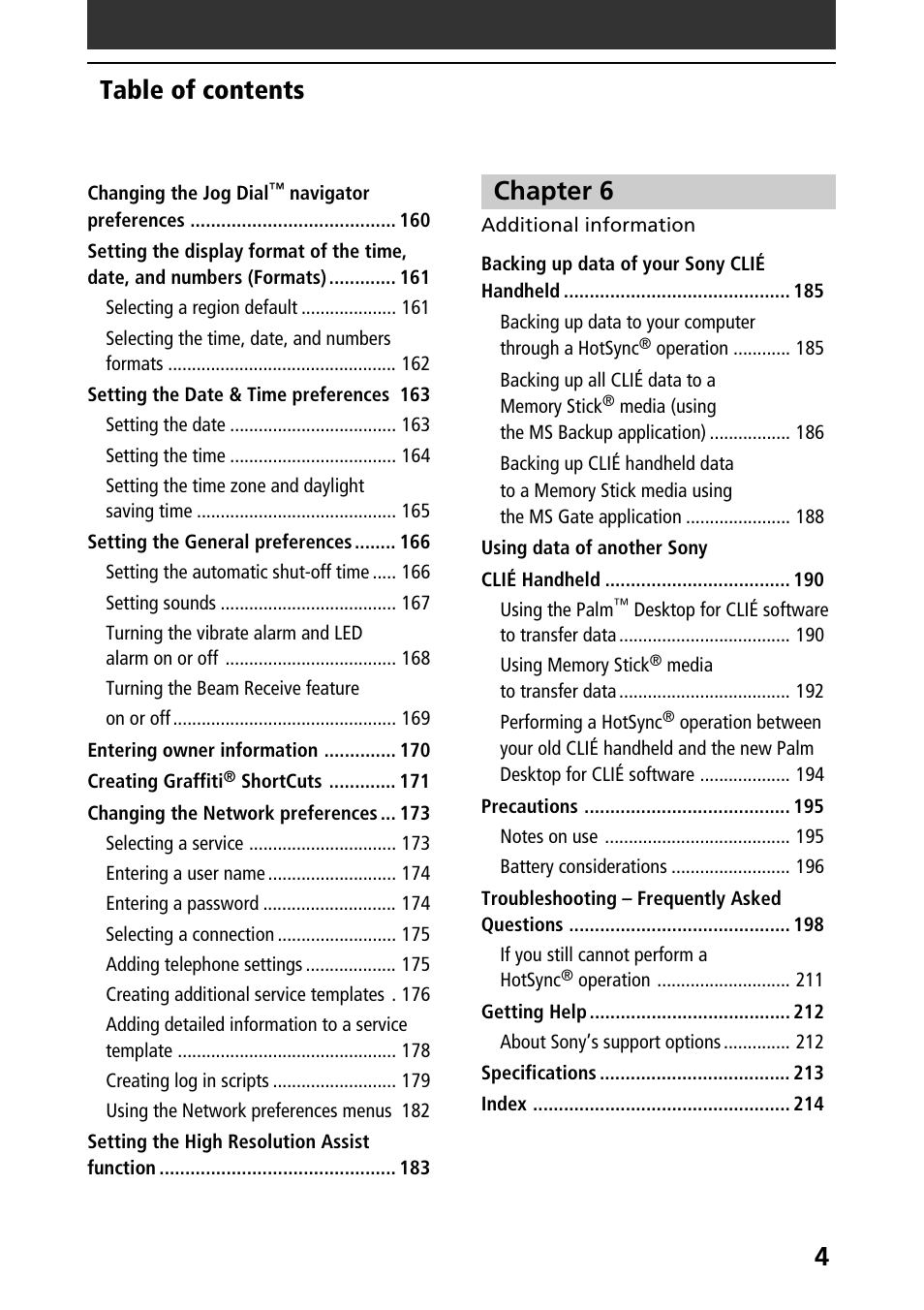 4table of contents, Chapter 6 | Sony PEG-T415G User Manual | Page 4 / 220