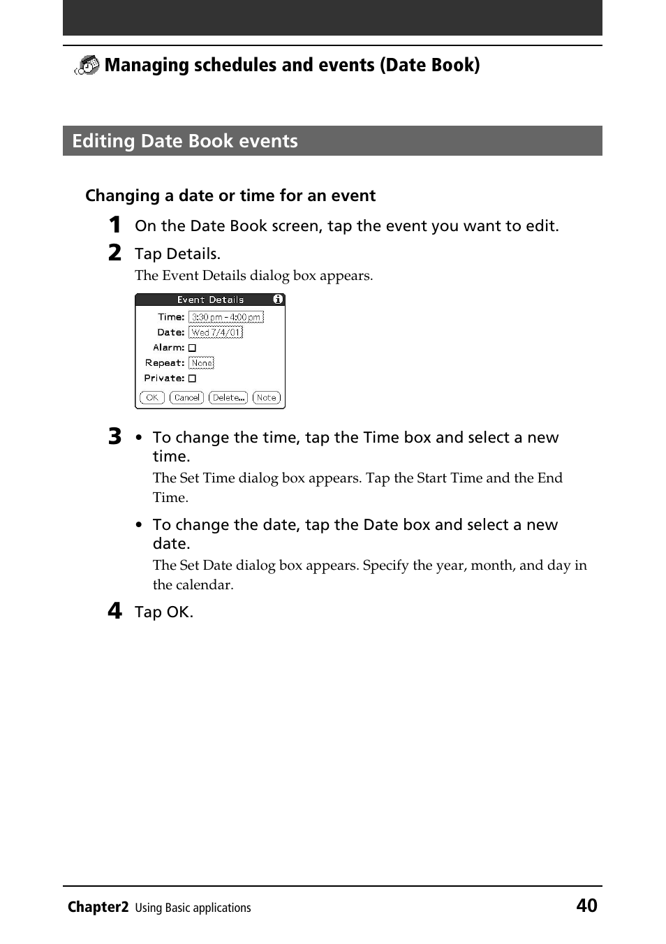 Editing date book events | Sony PEG-T415G User Manual | Page 40 / 220