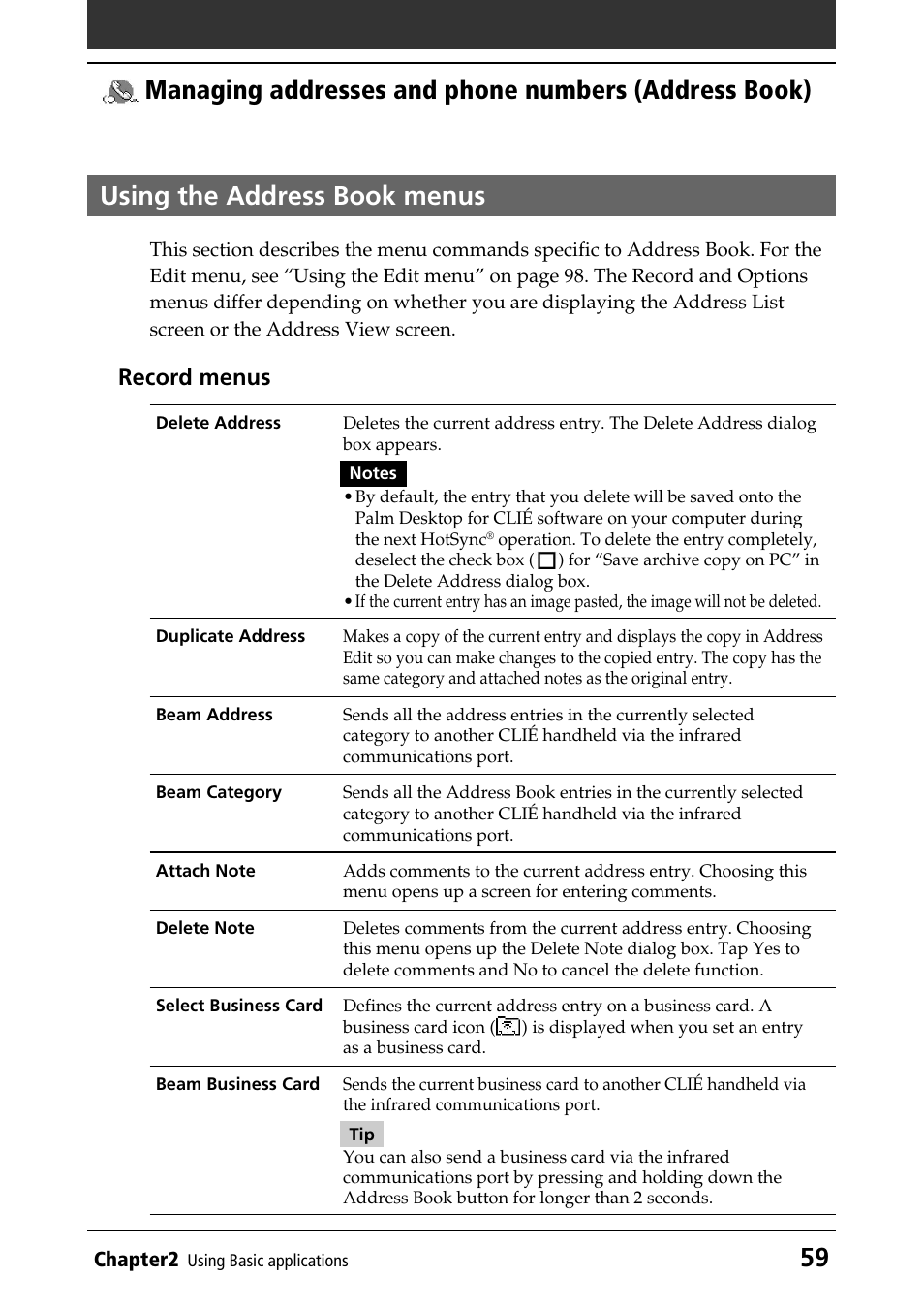 Using the address book menus, Record menus | Sony PEG-T415G User Manual | Page 59 / 220