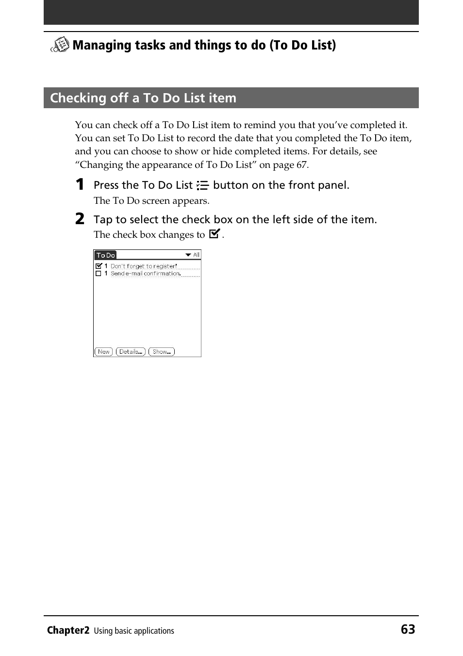 Checking off a to do list item | Sony PEG-T415G User Manual | Page 63 / 220