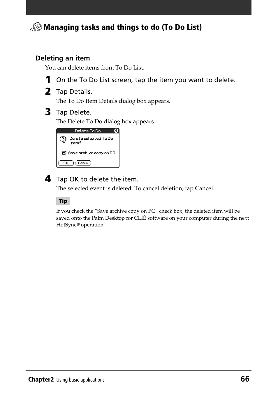 66 managing tasks and things to do (to do list) | Sony PEG-T415G User Manual | Page 66 / 220