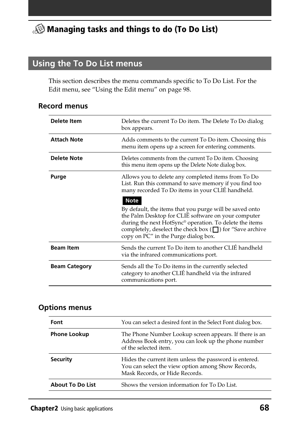 Using the to do list menus, Record menus, Options menus | Sony PEG-T415G User Manual | Page 68 / 220