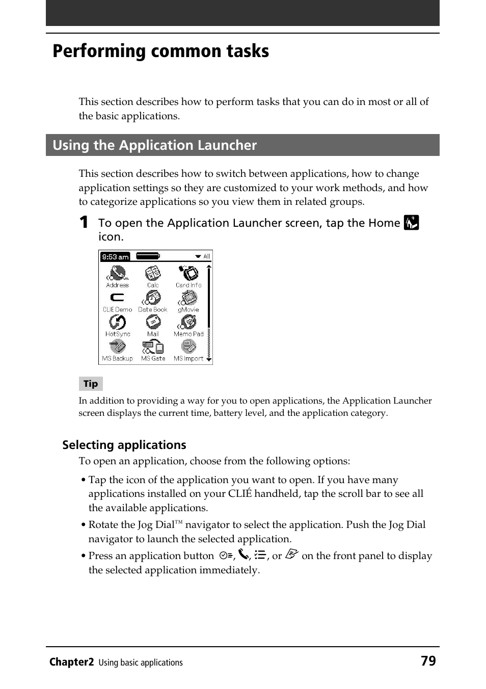 Performing common tasks, Using the application launcher | Sony PEG-T415G User Manual | Page 79 / 220
