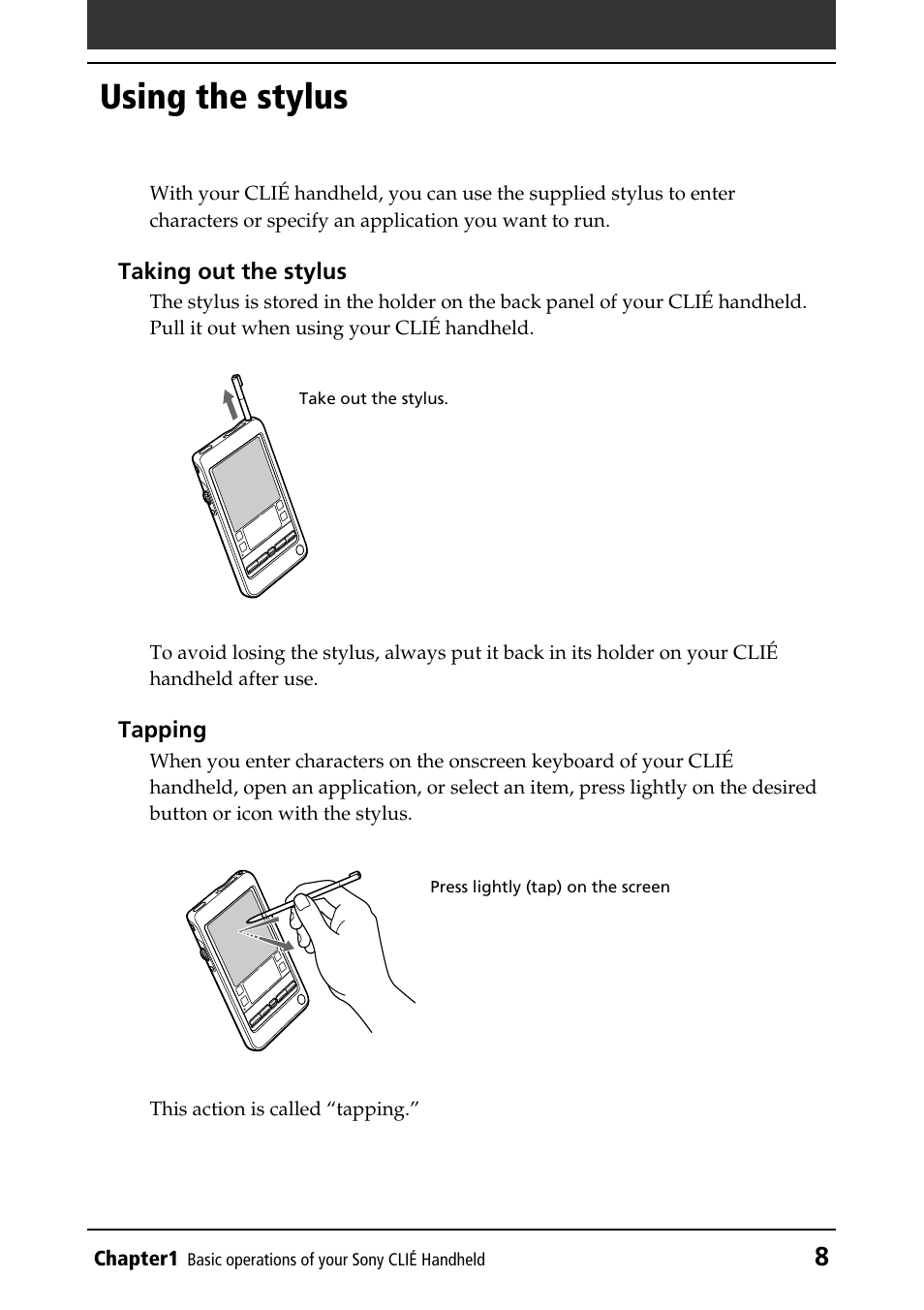 Using the stylus | Sony PEG-T415G User Manual | Page 8 / 220