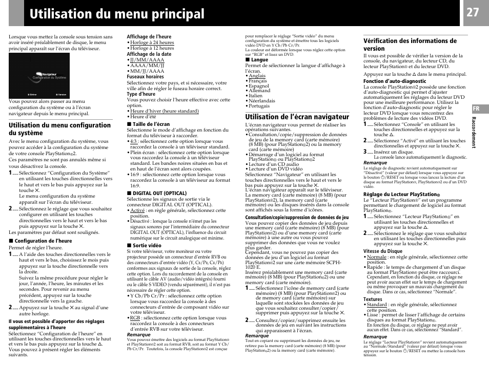 Utilisation du menu principal, Utilisation de l’écran navigateur, Utilisation du menu configuration du système | Sony PS2 User Manual | Page 27 / 84