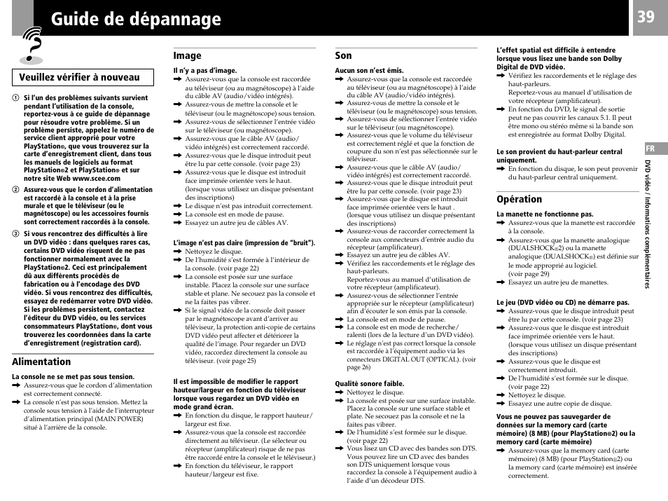 Guide de dépannage, Veuillez vérifier à nouveau, Alimentation | Image, Opération | Sony PS2 User Manual | Page 39 / 84