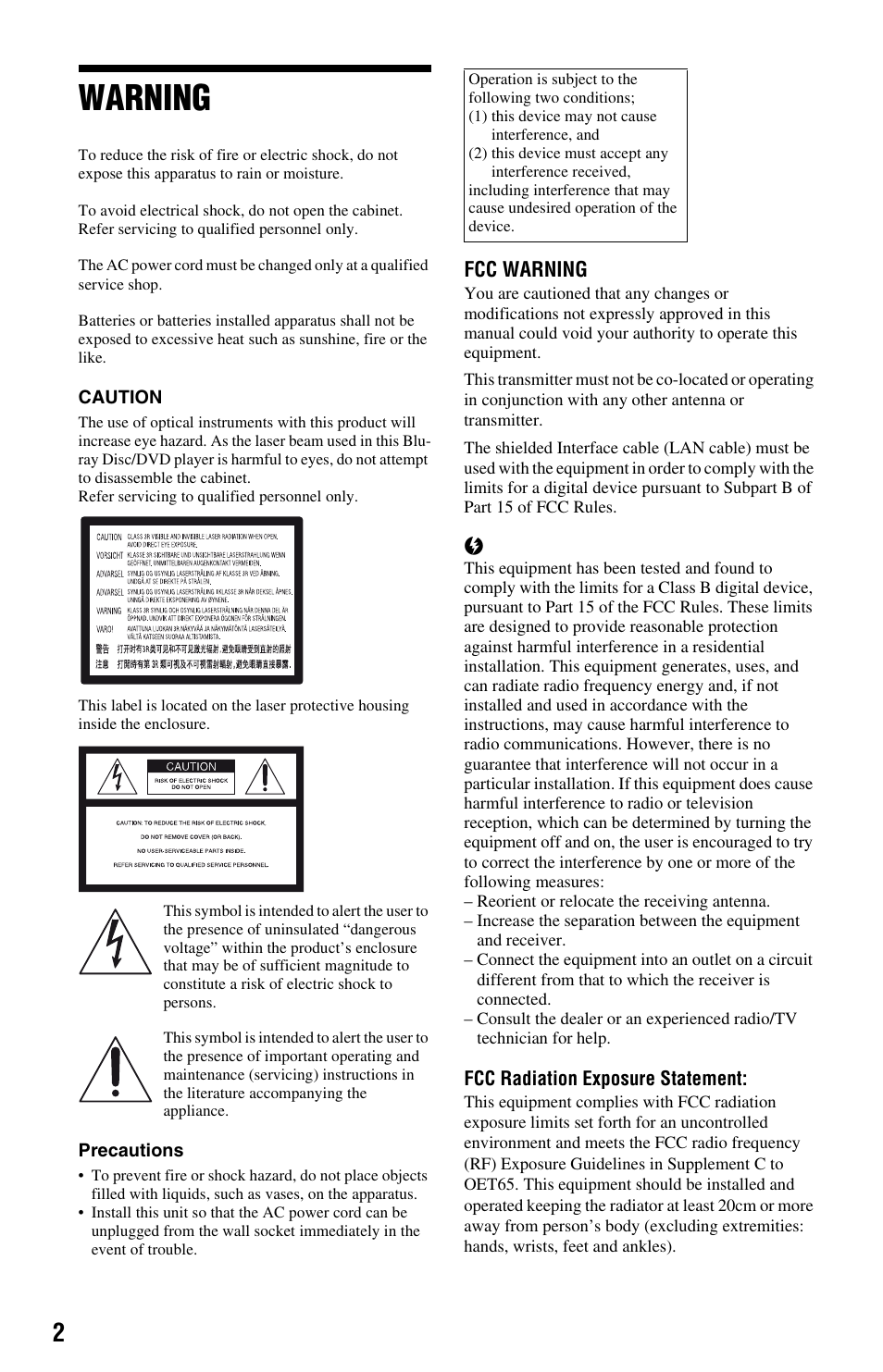 Warning | Sony BDP-BX58 User Manual | Page 2 / 35