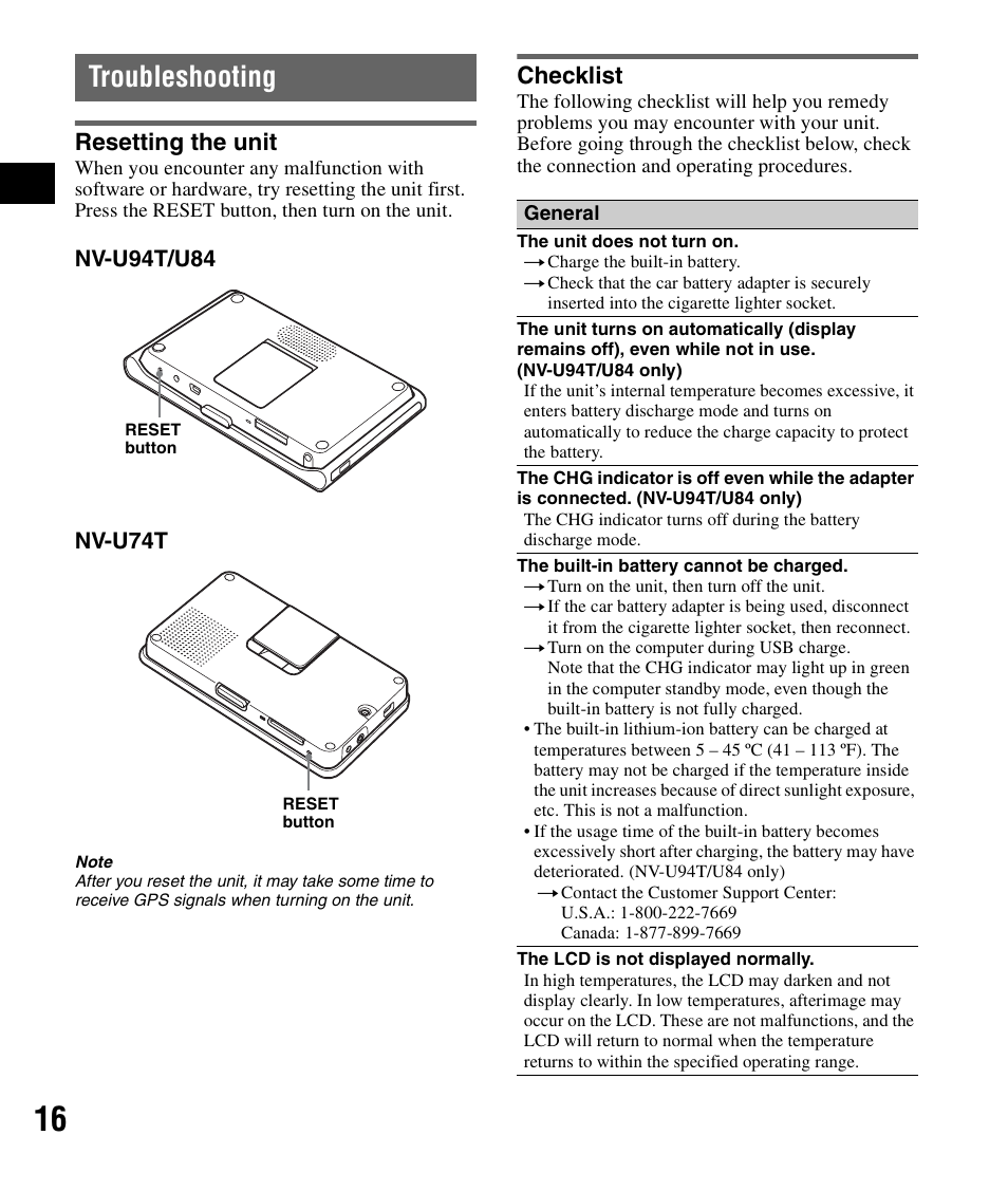 Troubleshooting, Resetting the unit, Checklist | Sony NV-U84 User Manual | Page 16 / 60