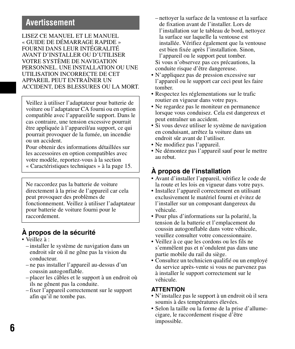 Avertissement | Sony NV-U84 User Manual | Page 24 / 60