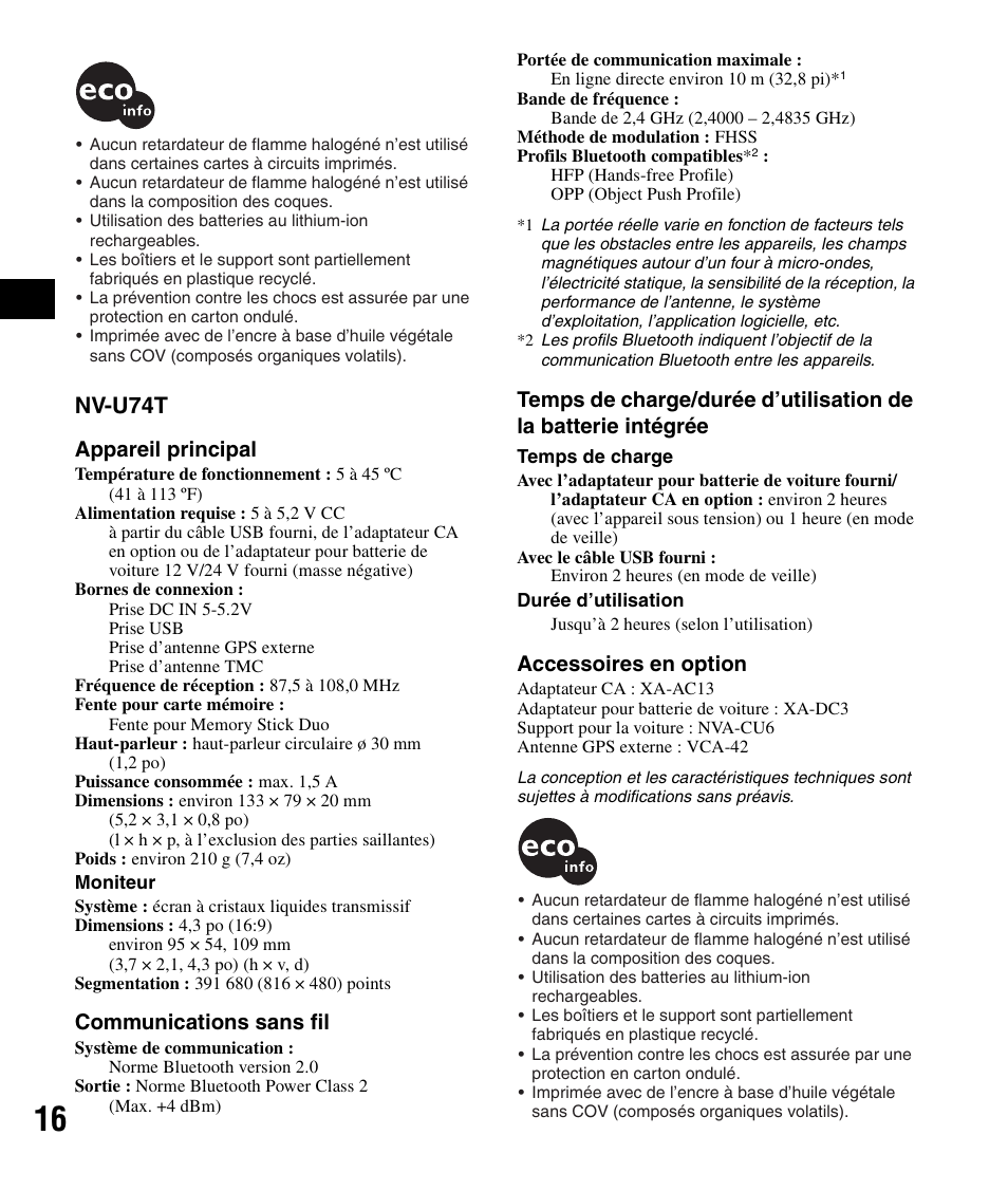 Nv-u74t, Appareil principal, Communications sans fil | Accessoires en option | Sony NV-U84 User Manual | Page 34 / 60