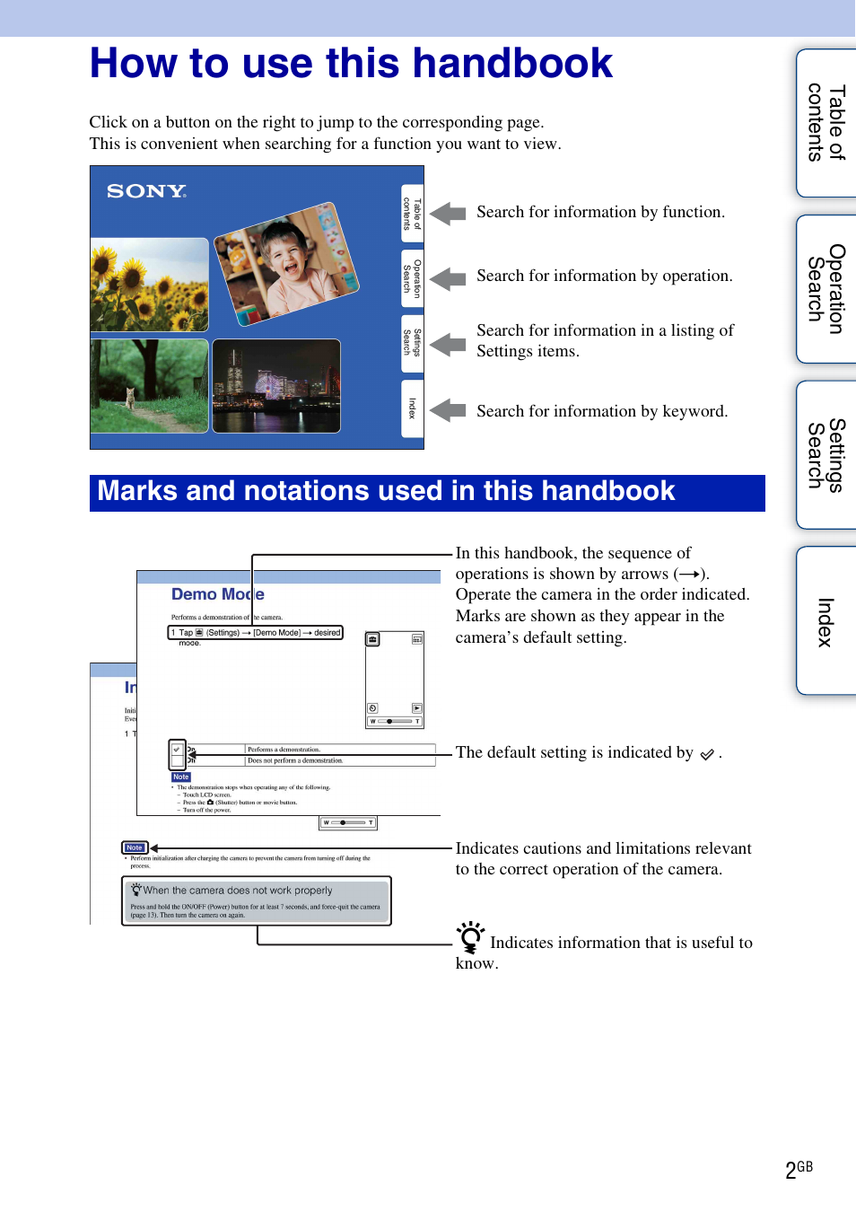 How to use this handbook, Marks and notations used in this handbook | Sony bloggie MHS-TS20К User Manual | Page 2 / 73