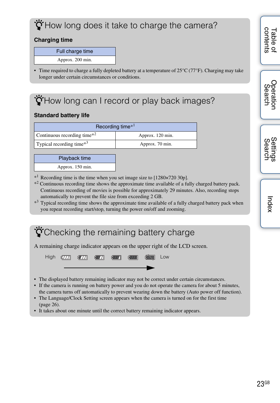 How long does it take to charge the camera, How long can i record or play back images, Checking the remaining battery charge | Sony bloggie MHS-TS20К User Manual | Page 23 / 73