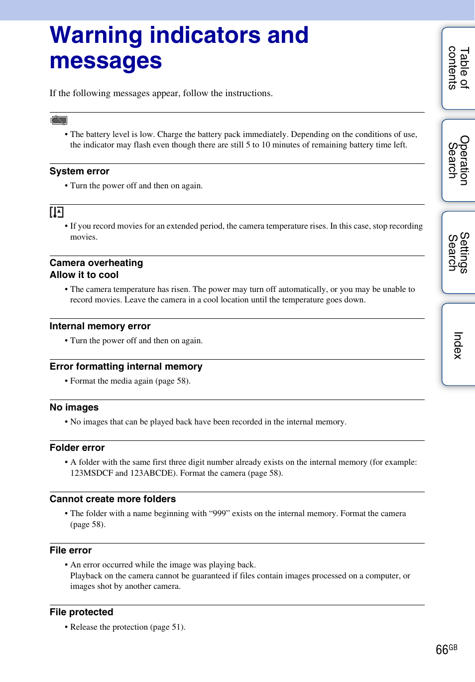 Warning indicators and messages | Sony bloggie MHS-TS20К User Manual | Page 66 / 73