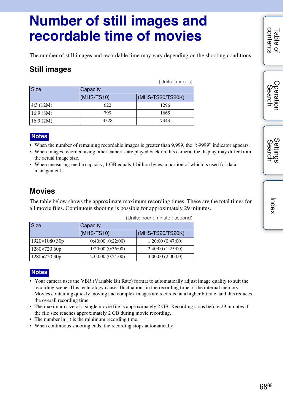 Still images, Movies | Sony bloggie MHS-TS20К User Manual | Page 68 / 73