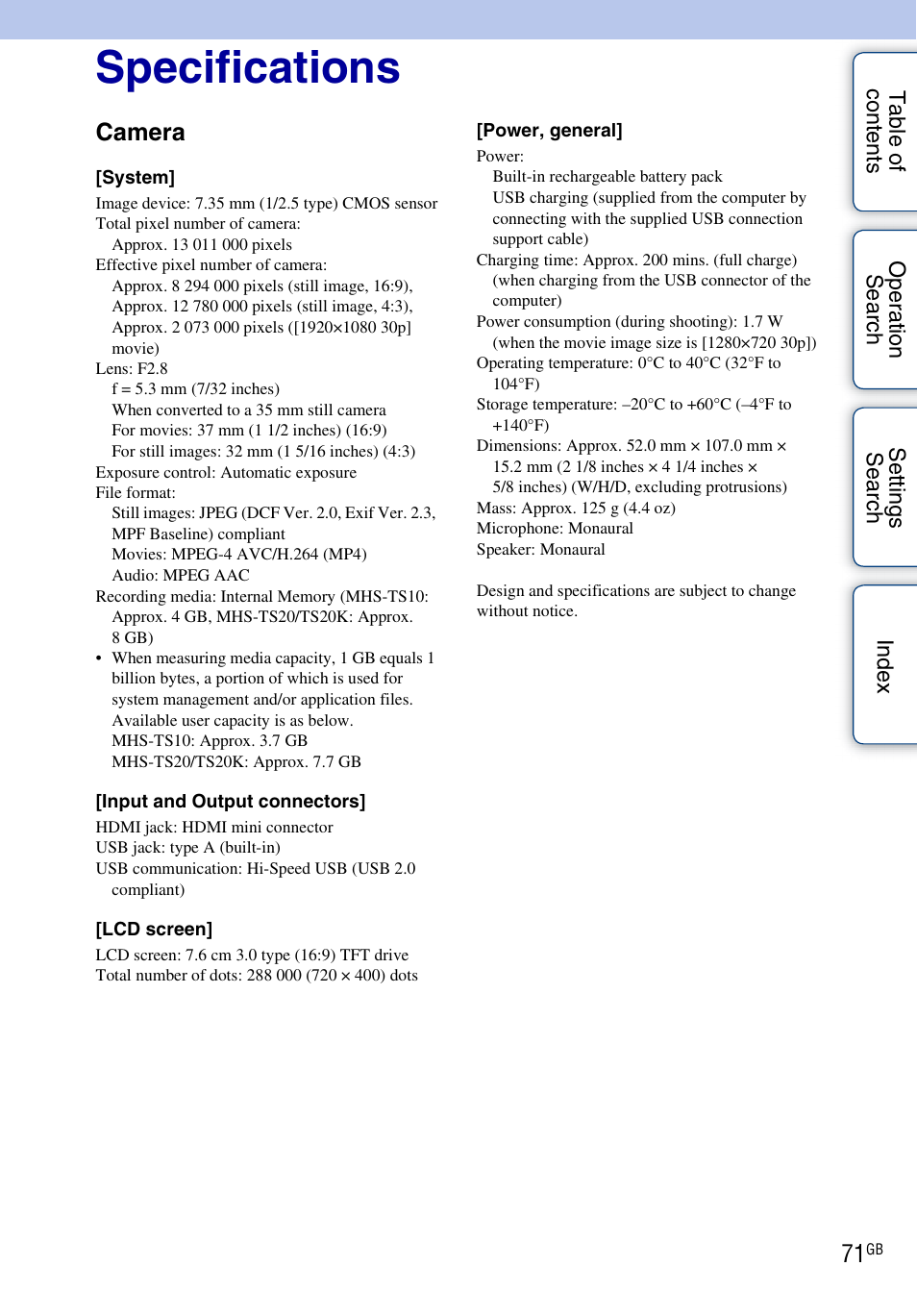 Specifications, Camera | Sony bloggie MHS-TS20К User Manual | Page 71 / 73