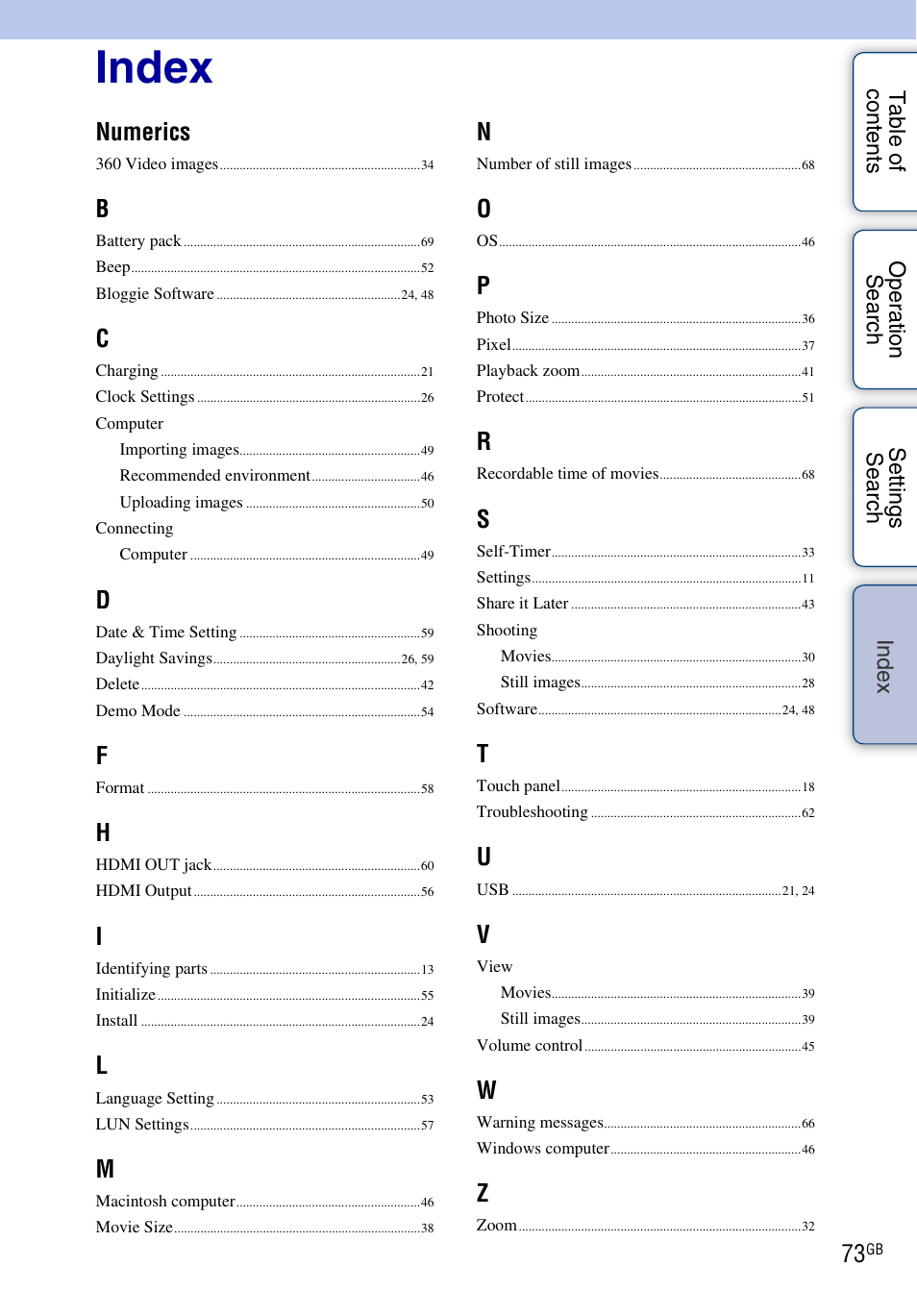 Index, Numerics | Sony bloggie MHS-TS20К User Manual | Page 73 / 73