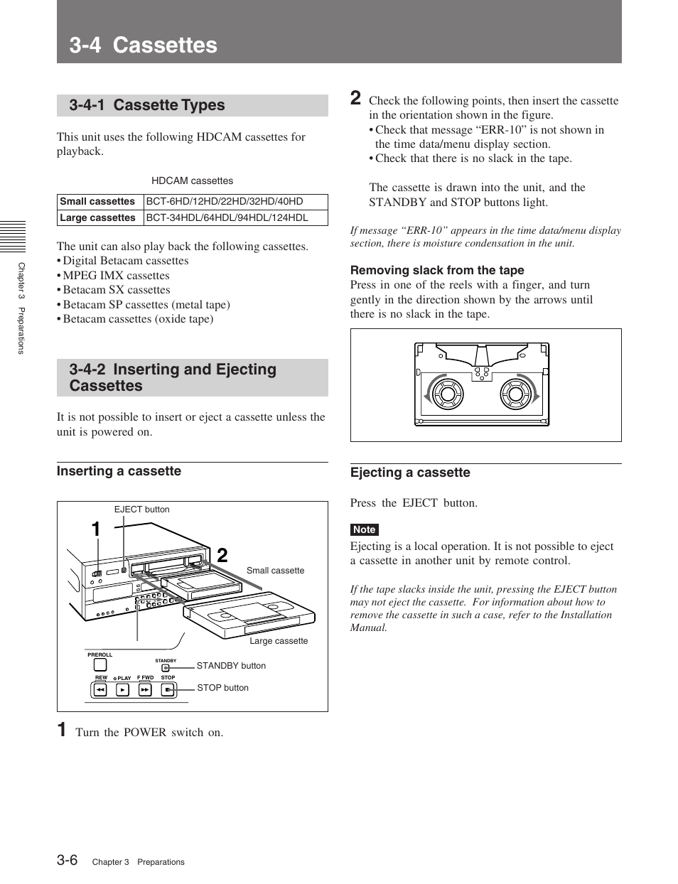 4 cassettes, 4-1 cassette types, 4-2 inserting and ejecting cassettes | Sony HDW-M2100 User Manual | Page 30 / 115
