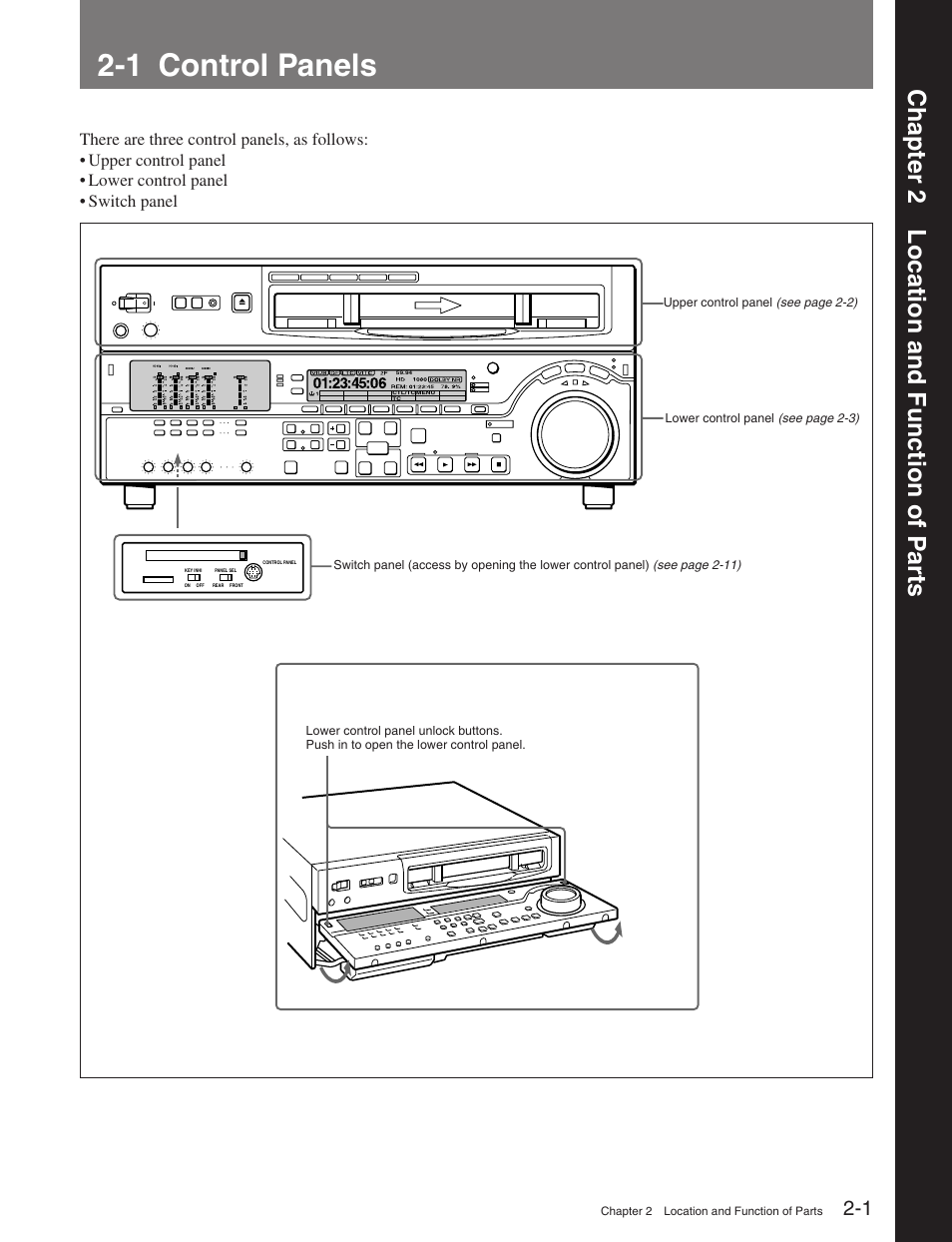 Chapter 2 location and function of parts, 1 control panels, Chapter 2 location and function of p ar ts | Sony HDW-M2100 User Manual | Page 9 / 115