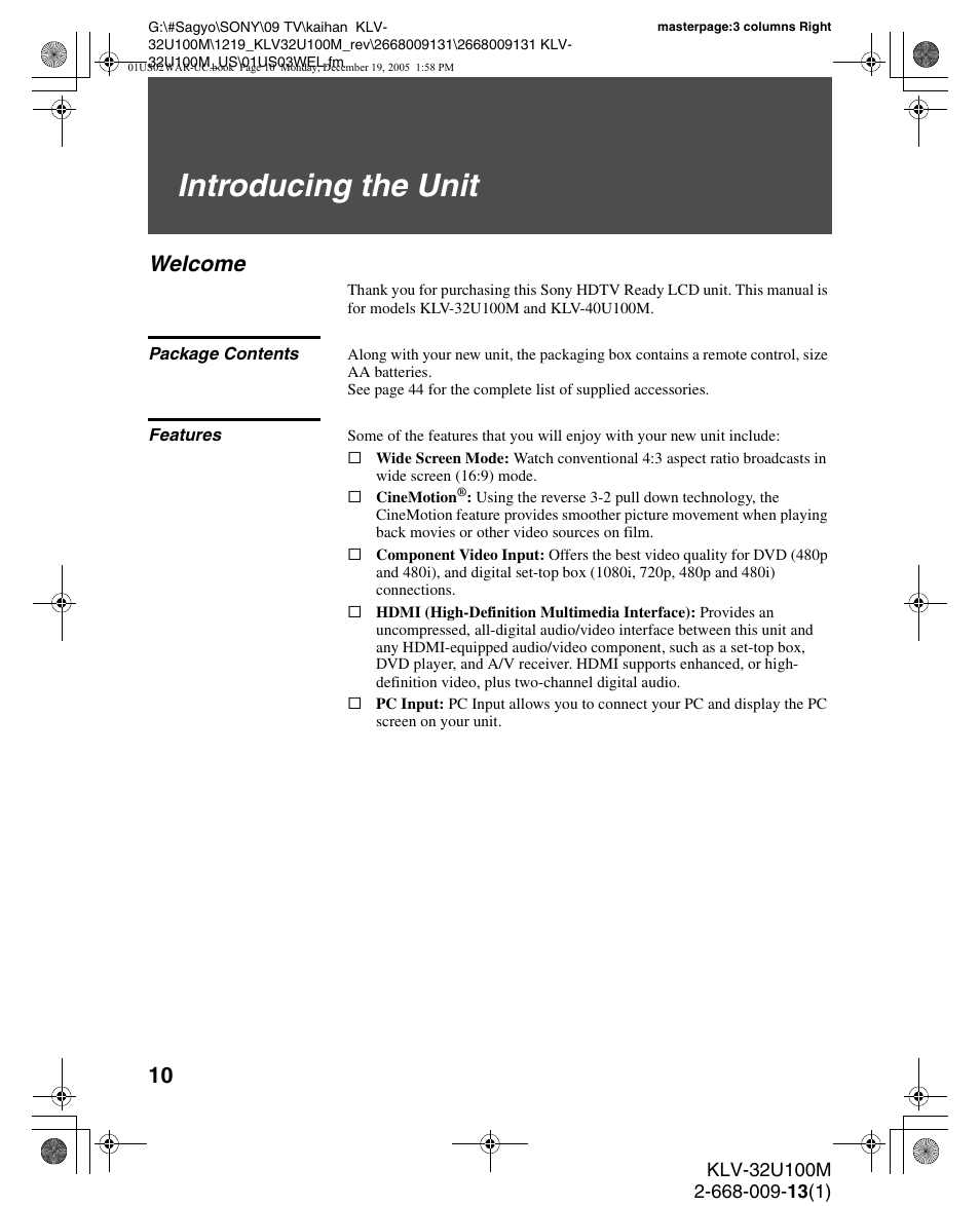 Introducing the unit, Welcome, Package contents | Features, Package contents features | Sony KLV-40U100M User Manual | Page 10 / 48