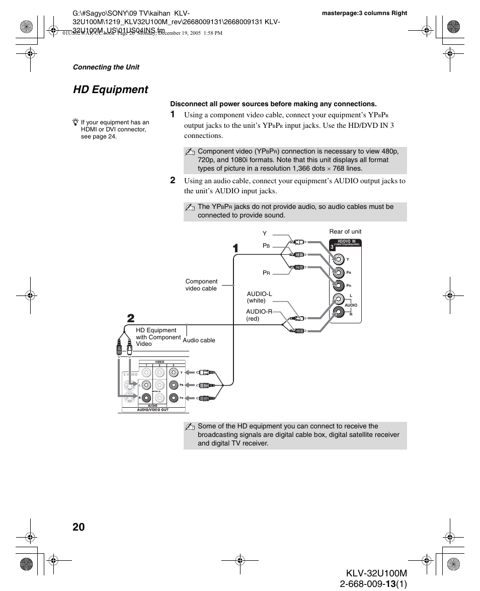 Hd equipment | Sony KLV-40U100M User Manual | Page 20 / 48