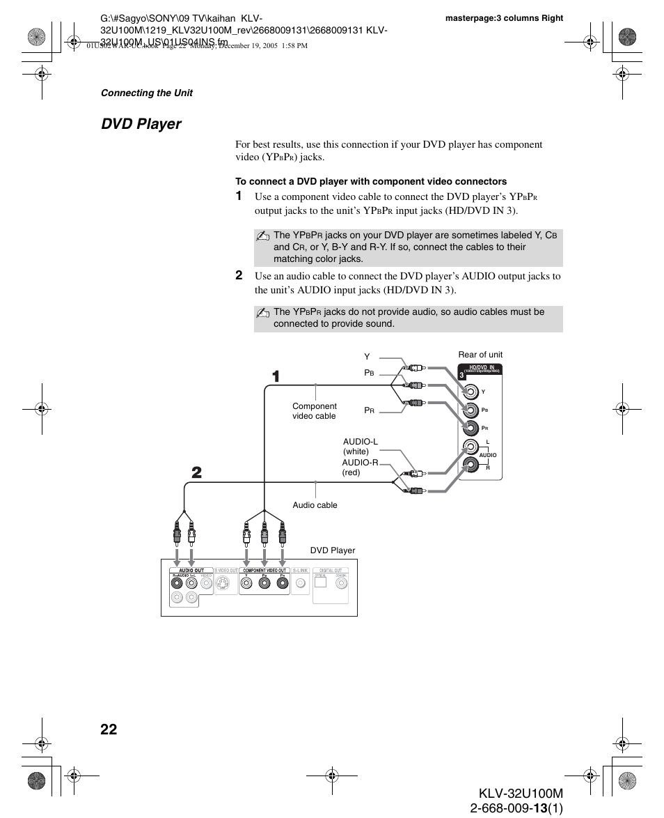 Dvd player | Sony KLV-40U100M User Manual | Page 22 / 48