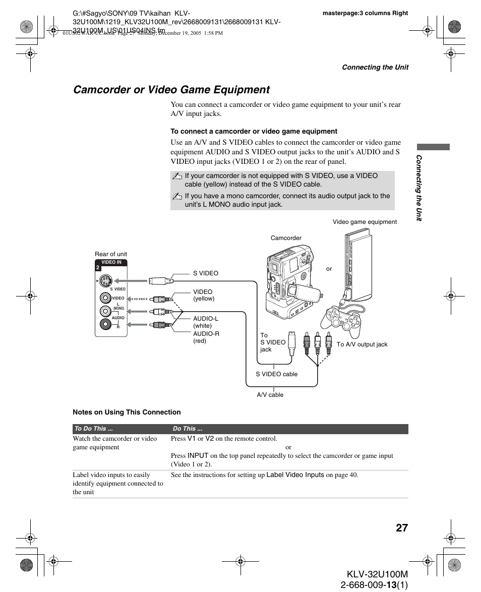 Camcorder or video game equipment | Sony KLV-40U100M User Manual | Page 27 / 48