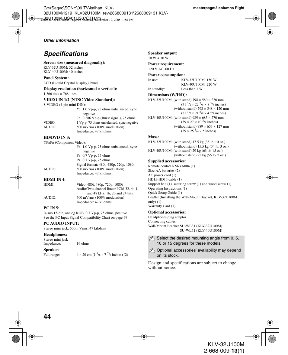 Specifications | Sony KLV-40U100M User Manual | Page 44 / 48