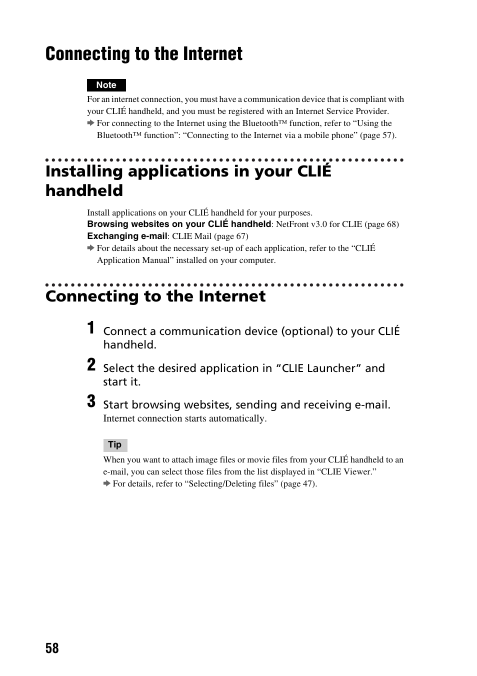 Connecting to the internet, Installing applications in your clié handheld | Sony PEG-TG50 User Manual | Page 58 / 100