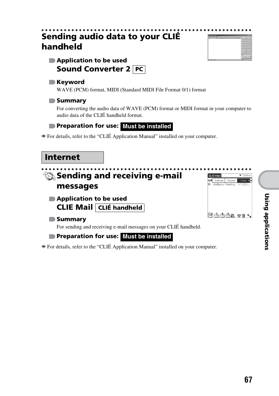 Sending audio data to your clié handheld, Sending and receiving e-mail messages, Internet | Sound converter 2, Clie mail | Sony PEG-TG50 User Manual | Page 67 / 100