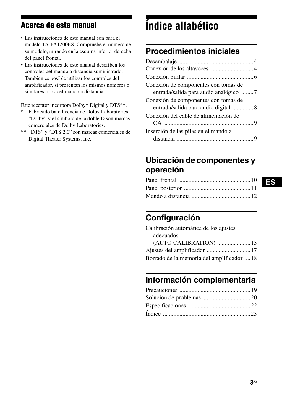 Índice alfabético, Acerca de este manual, Procedimientos iniciales | Ubicación de componentes y operación, Configuración, Información complementaria | Sony TA-FA1200ES User Manual | Page 25 / 91