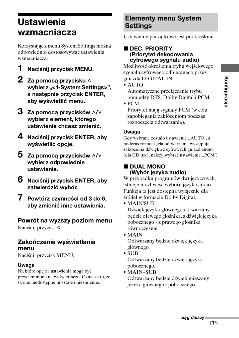 Ustawienia wzmacniacza, Elementy menu system settings | Sony TA-FA1200ES User Manual | Page 83 / 91