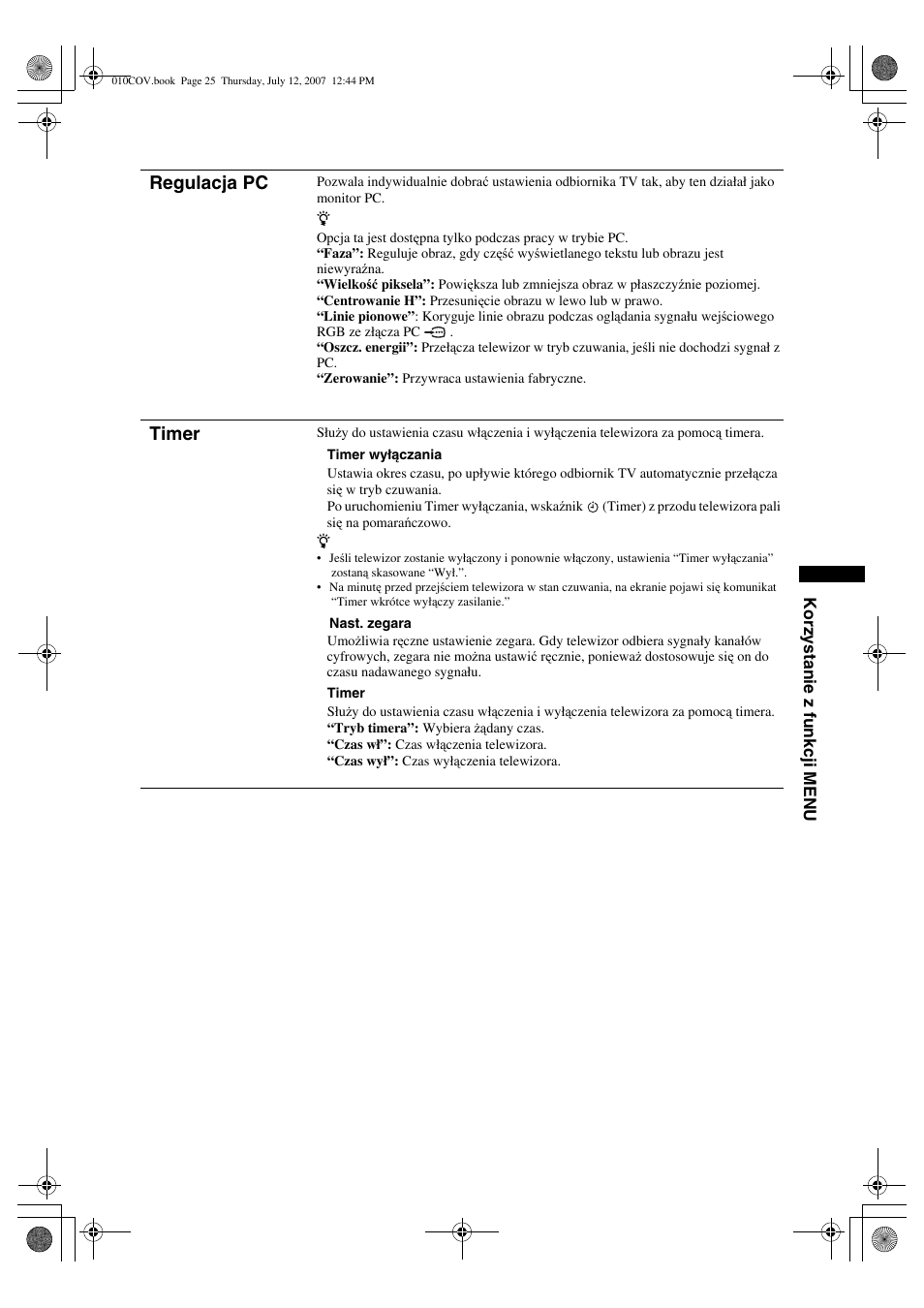 Regulacja pc, Timer | Sony BRAVIA KDL-32D28xx User Manual | Page 89 / 194