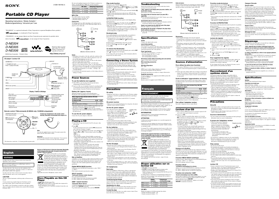 Sony CD Walkman D-NE005 User Manual | 2 pages