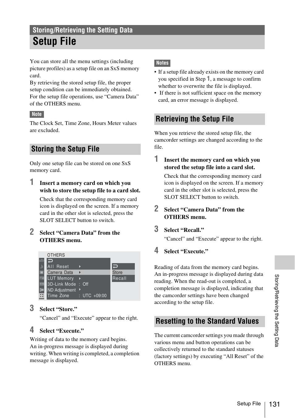 Storing/retrieving the setting data, Setup file, Storing the setup file | Retrieving the setup file, Resetting to the standard values | Sony PMW-F3K User Manual | Page 131 / 164