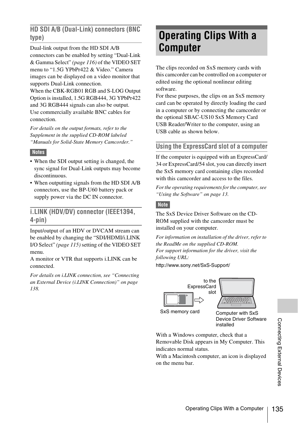 Operating clips with a computer, Hd sdi a/b (dual-link) connectors (bnc type), Using the expresscard slot of a computer | Sony PMW-F3K User Manual | Page 135 / 164