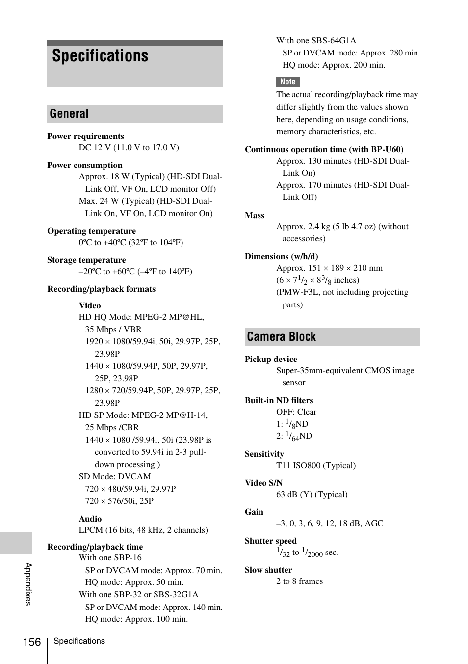 Specifications, General, Camera block | General camera block | Sony PMW-F3K User Manual | Page 156 / 164