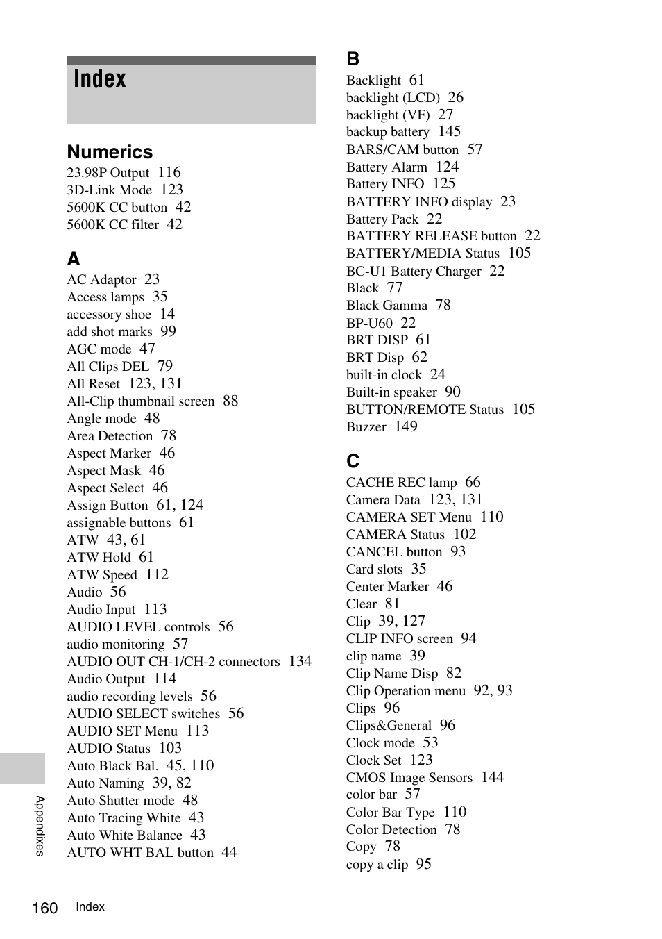 Index, Numerics | Sony PMW-F3K User Manual | Page 160 / 164