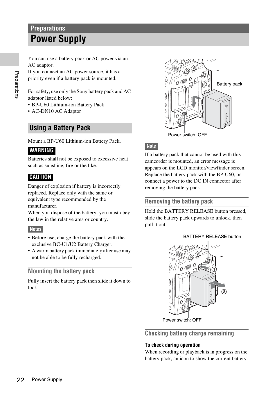 Preparations, Power supply, Using a battery pack | Sony PMW-F3K User Manual | Page 22 / 164