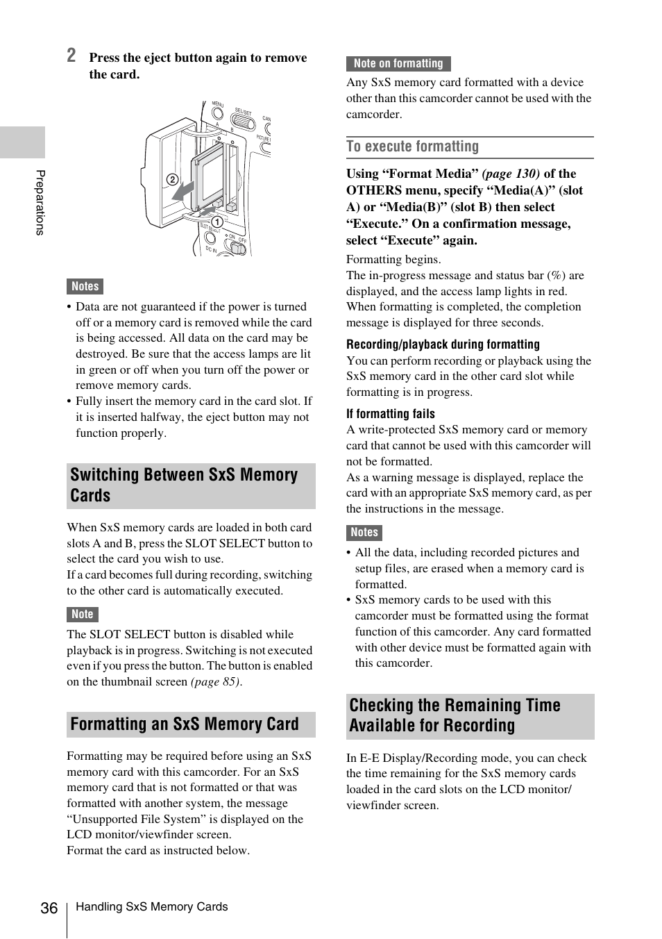 Switching between sxs memory cards, Formatting an sxs memory card, Recording | Sony PMW-F3K User Manual | Page 36 / 164