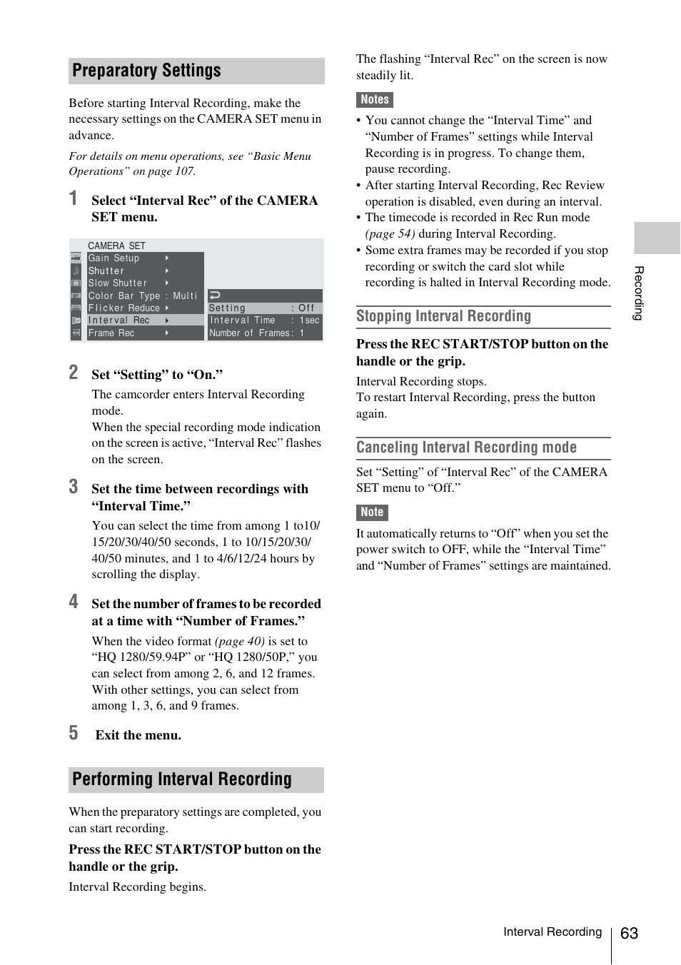 Preparatory settings, Performing interval recording, Preparatory settings performing interval recording | Stopping interval recording, Canceling interval recording mode | Sony PMW-F3K User Manual | Page 63 / 164
