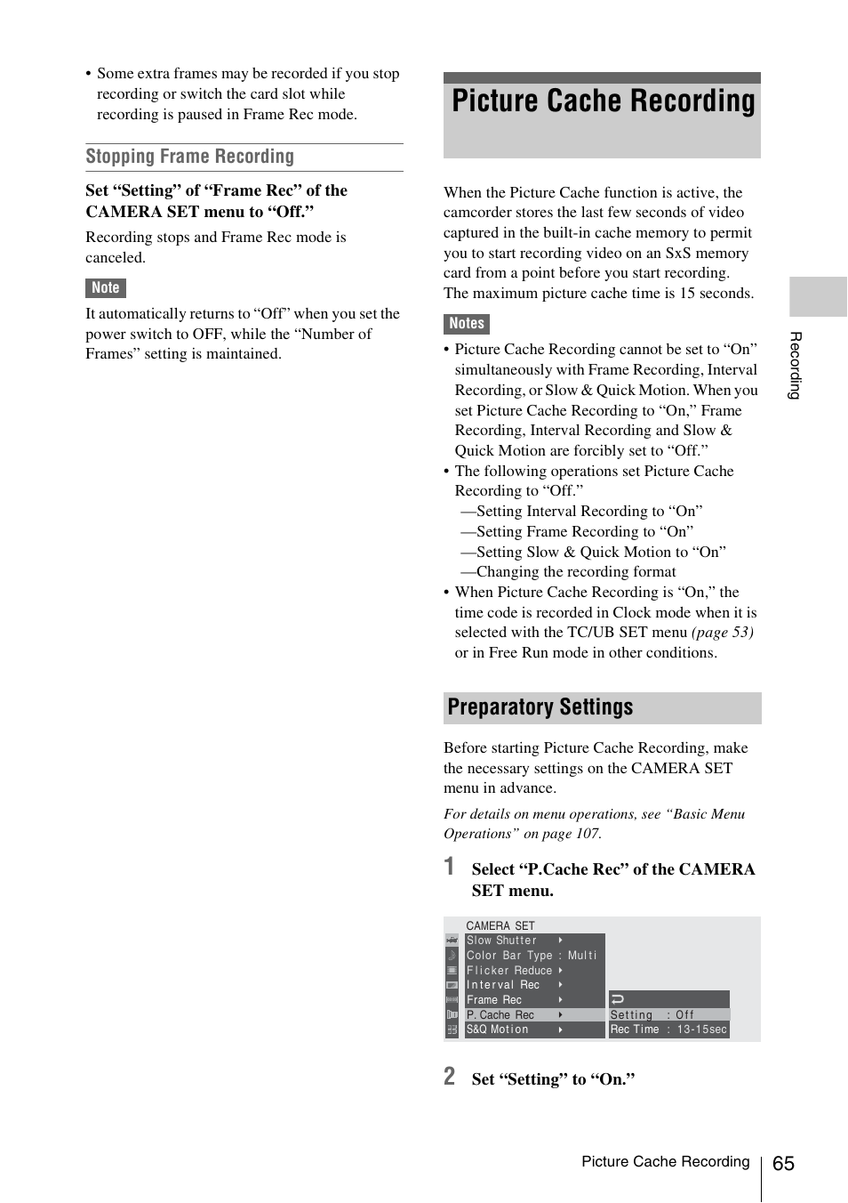 Picture cache recording, Preparatory settings, Stopping frame recording | Sony PMW-F3K User Manual | Page 65 / 164