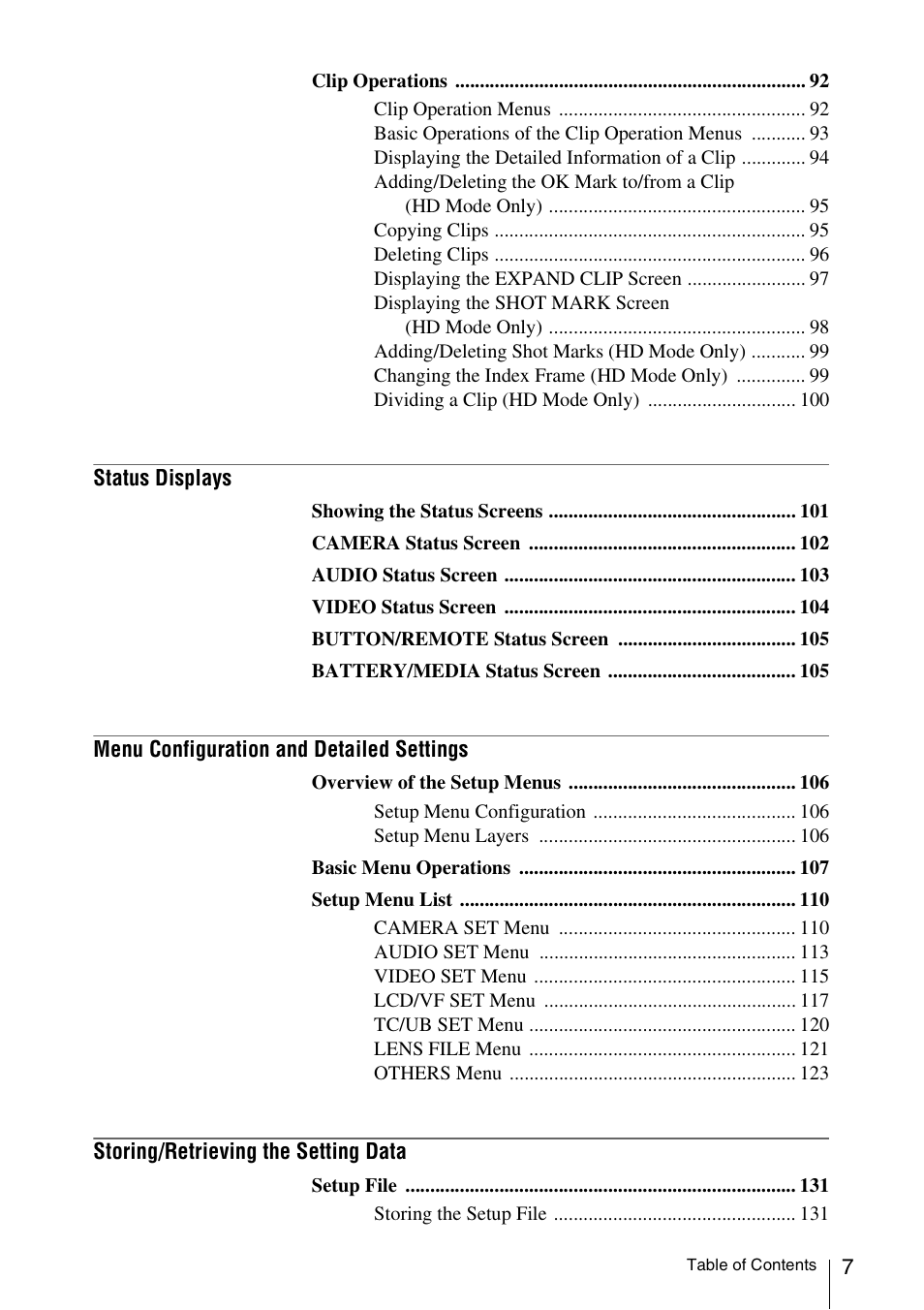 Sony PMW-F3K User Manual | Page 7 / 164