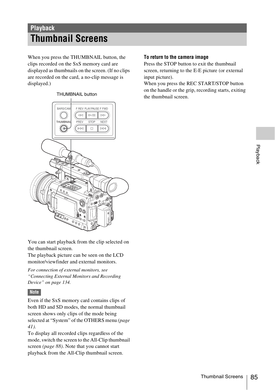 Playback, Thumbnail screens | Sony PMW-F3K User Manual | Page 85 / 164
