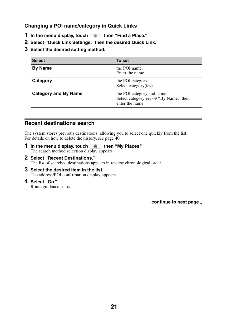 Recent destinations search | Sony NAV-U NV-U84 User Manual | Page 21 / 85
