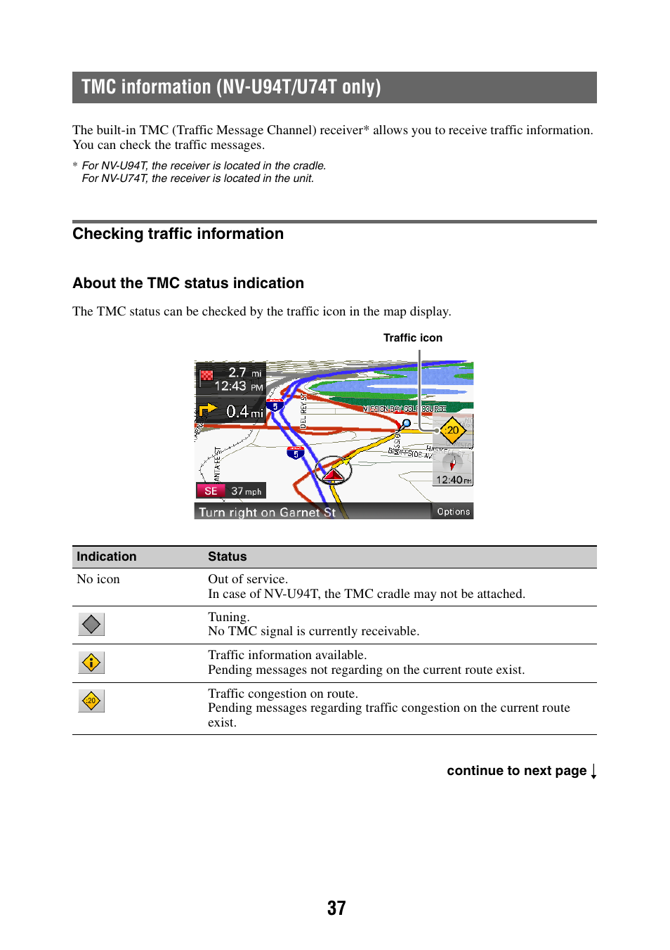 Tmc information (nv-u94t/u74t only), Checking traffic information | Sony NAV-U NV-U84 User Manual | Page 37 / 85