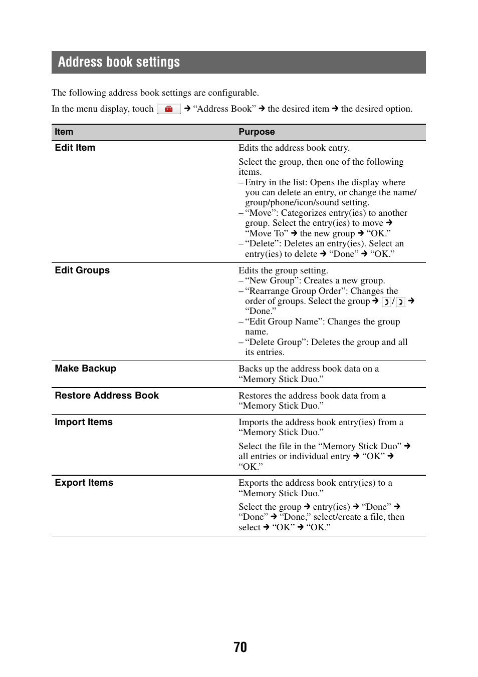 Address book settings, 70 address book settings | Sony NAV-U NV-U84 User Manual | Page 70 / 85