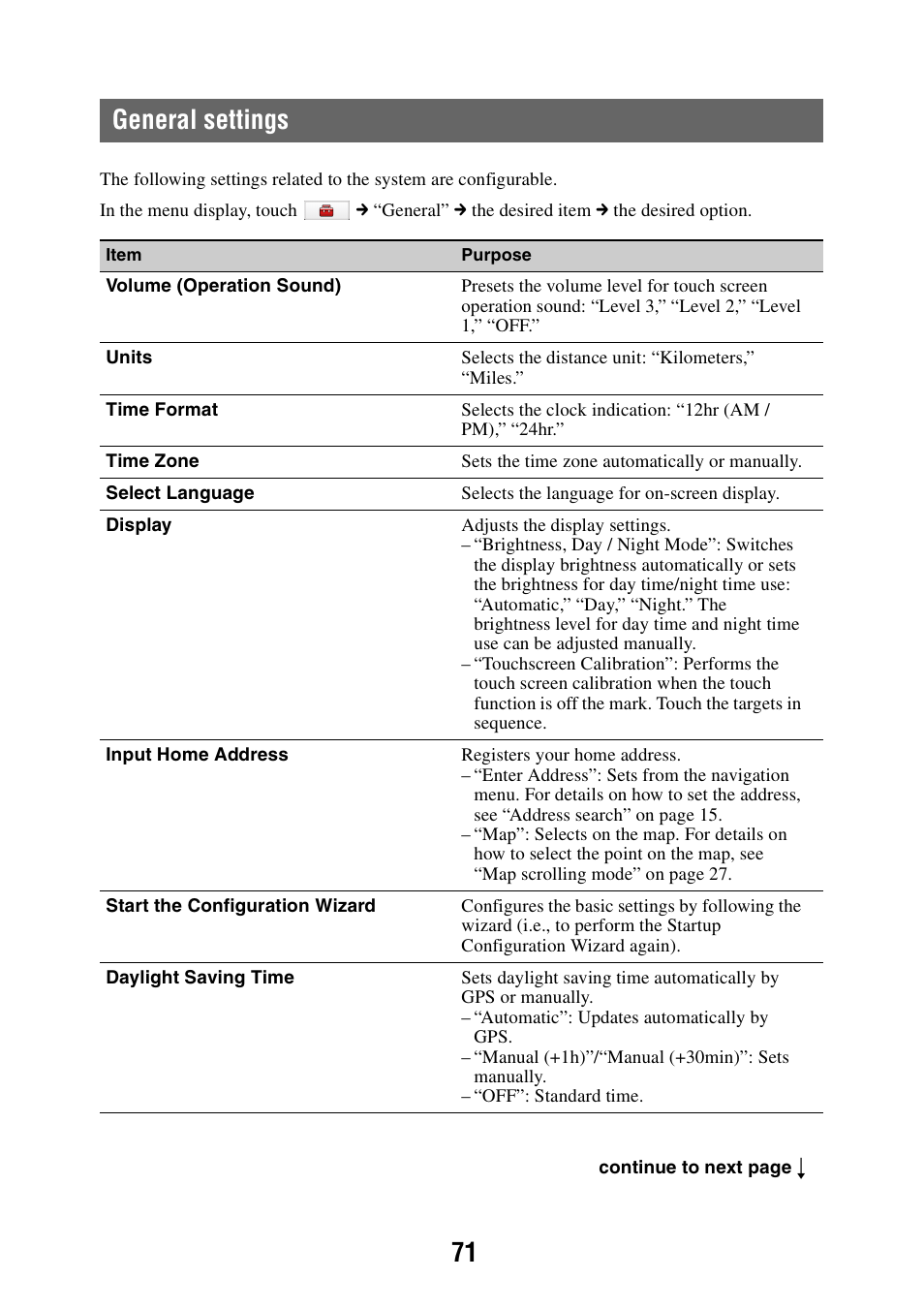 General settings, 71 general settings | Sony NAV-U NV-U84 User Manual | Page 71 / 85